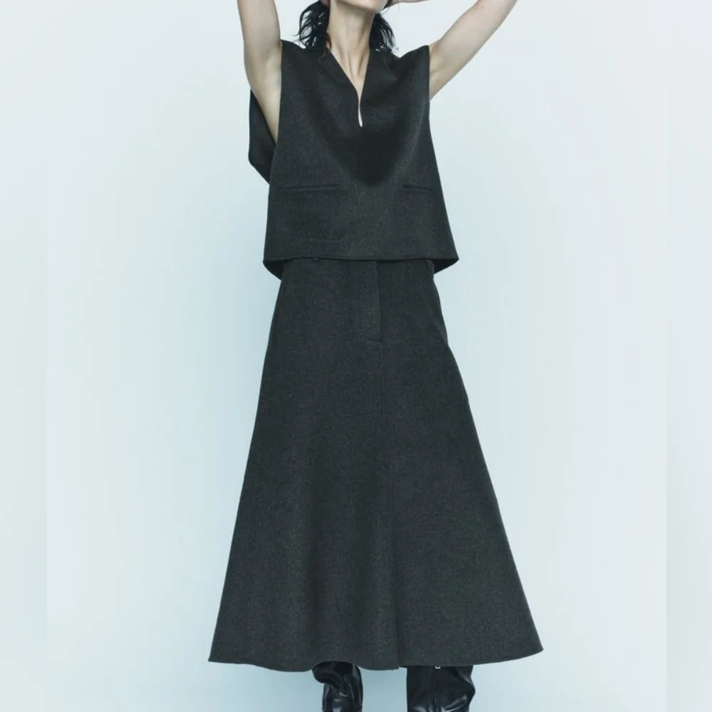 Zara Collection co-ord set vest & Wool-blend cape/A-line midi skirt SZ M BNWT